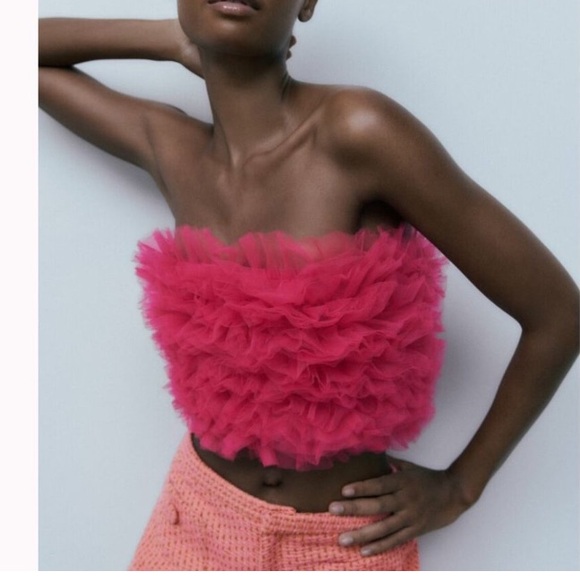 ZARA Dark Fuschia Pink Layered Ruffle Tulle Strapless Crop Tube Top - Picture 11 of 12
